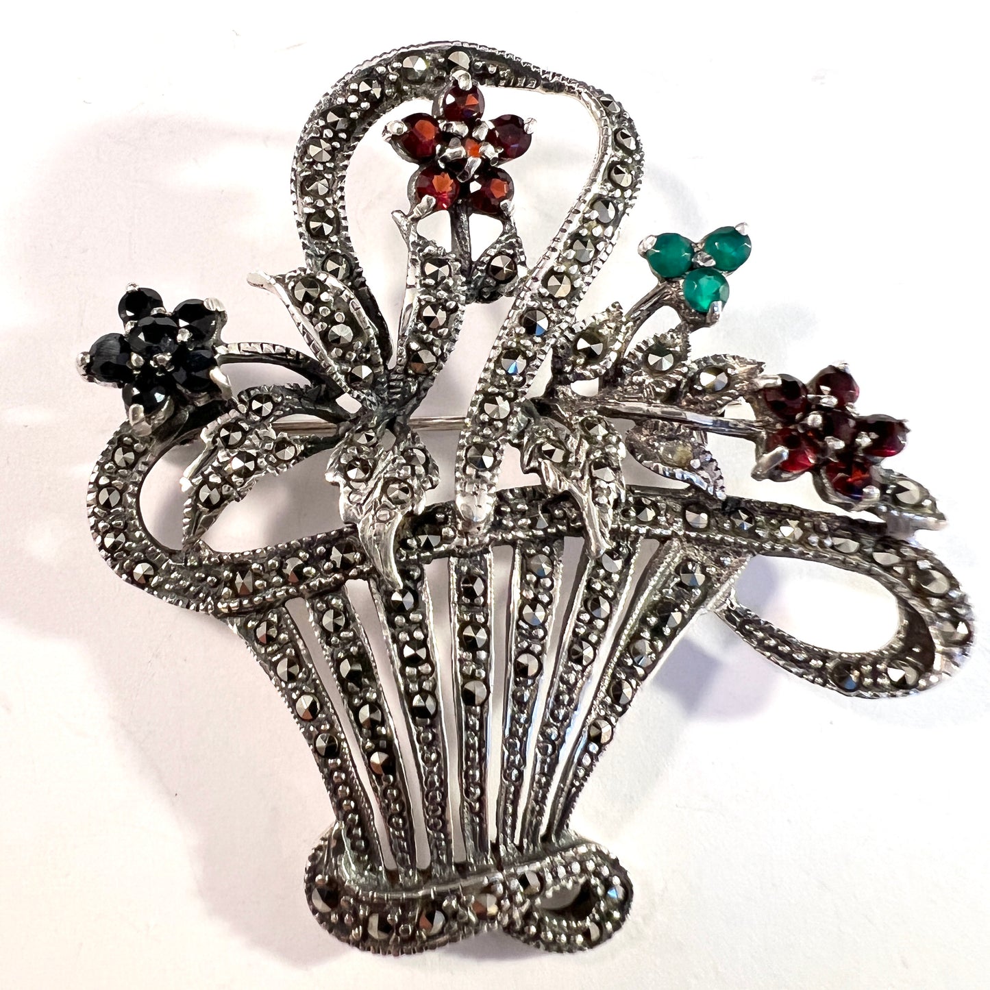 Vintage 1940s Large Solid Silver Garnet Chrysoprase Synthetic Sapphire Flower Basket Brooch.