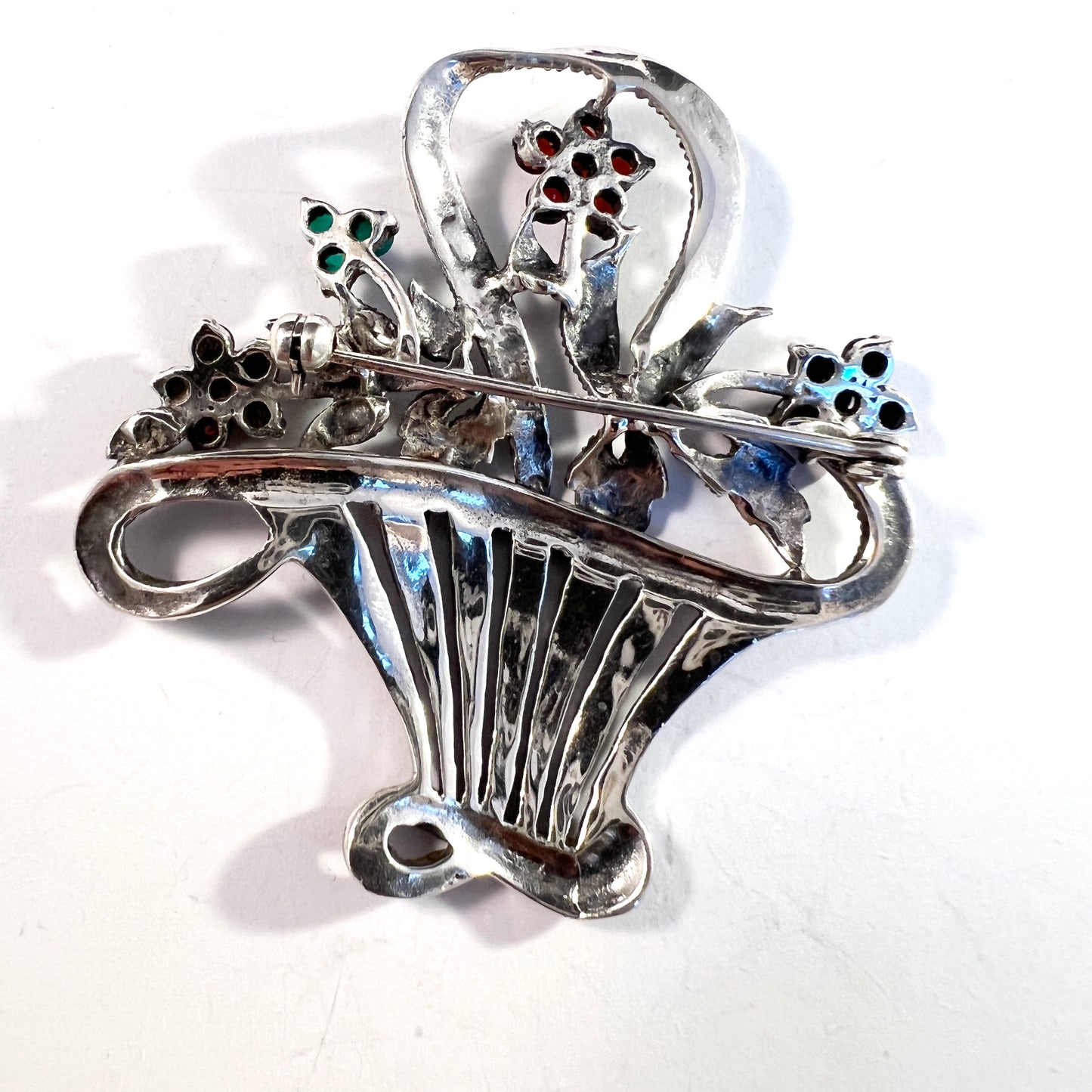 Vintage 1940s Large Solid Silver Garnet Chrysoprase Synthetic Sapphire Flower Basket Brooch.