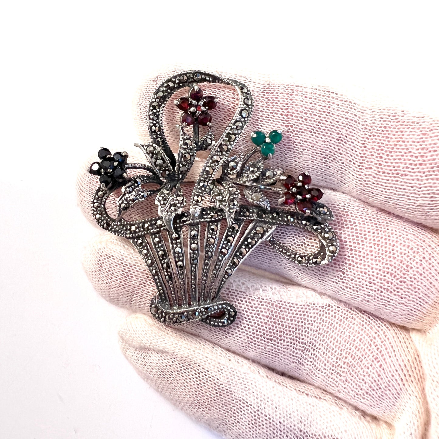 Vintage 1940s Large Solid Silver Garnet Chrysoprase Synthetic Sapphire Flower Basket Brooch.