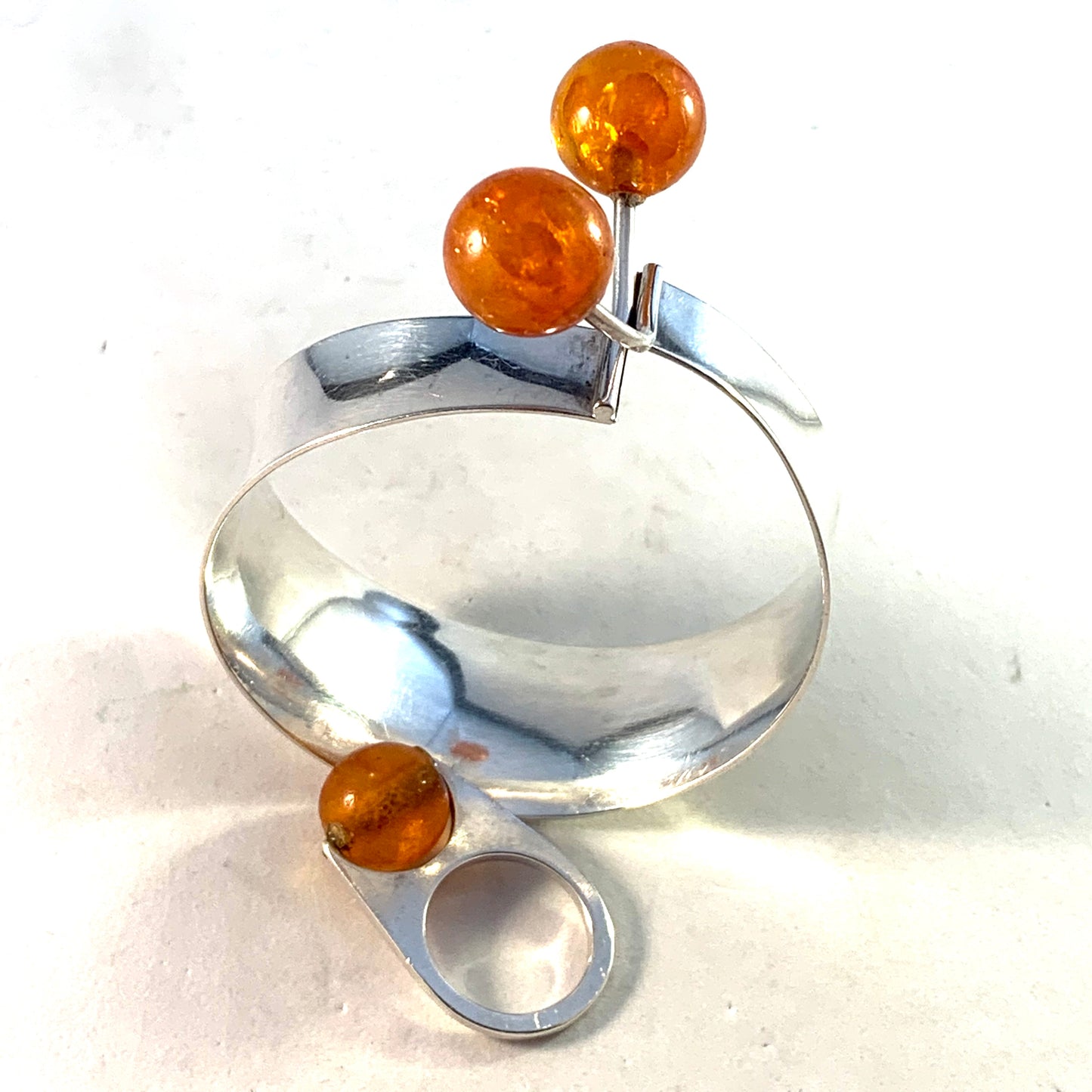 Fischland Ostseeschmuck, Germany 1960s Solid 835 Silver Baltic Amber Ring and Bracelet.