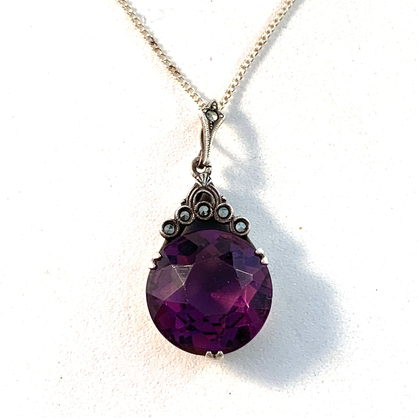 Swedish Import 1930-40s Solid 830 Silver Amethyst Marcasite Pendant Necklace.