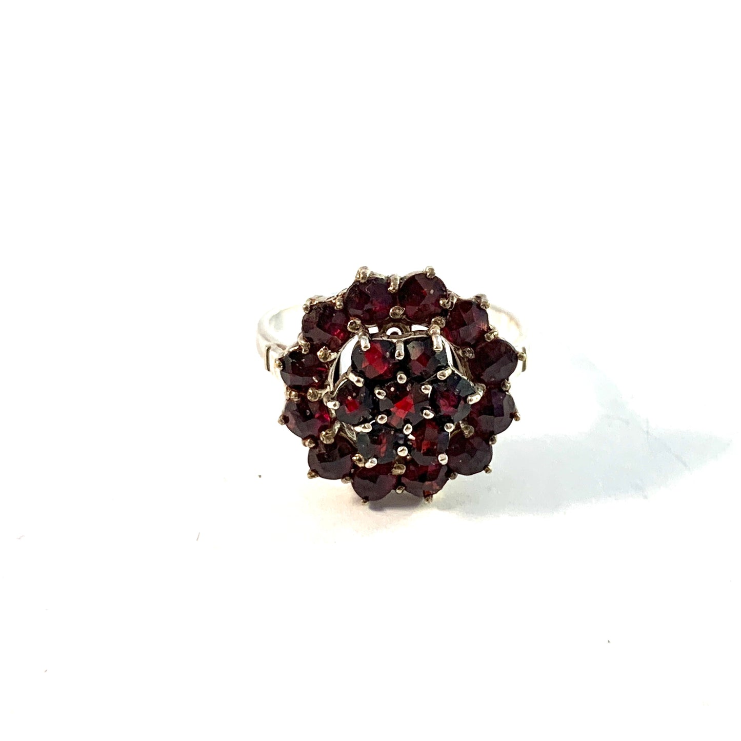 Germany Mid Century Solid Silver Bohemian Garnet Cluster Ring.