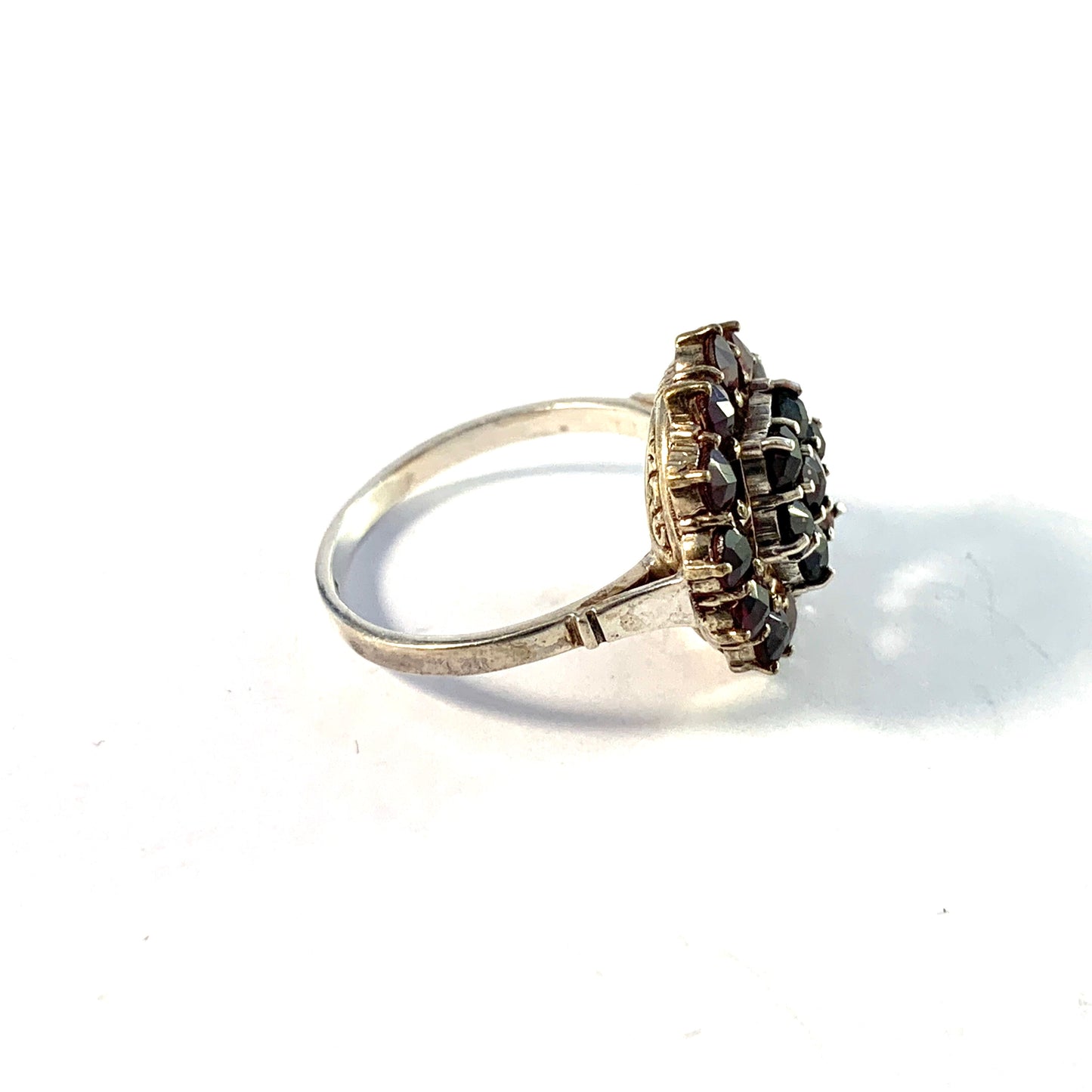 Germany Mid Century Solid Silver Bohemian Garnet Cluster Ring.