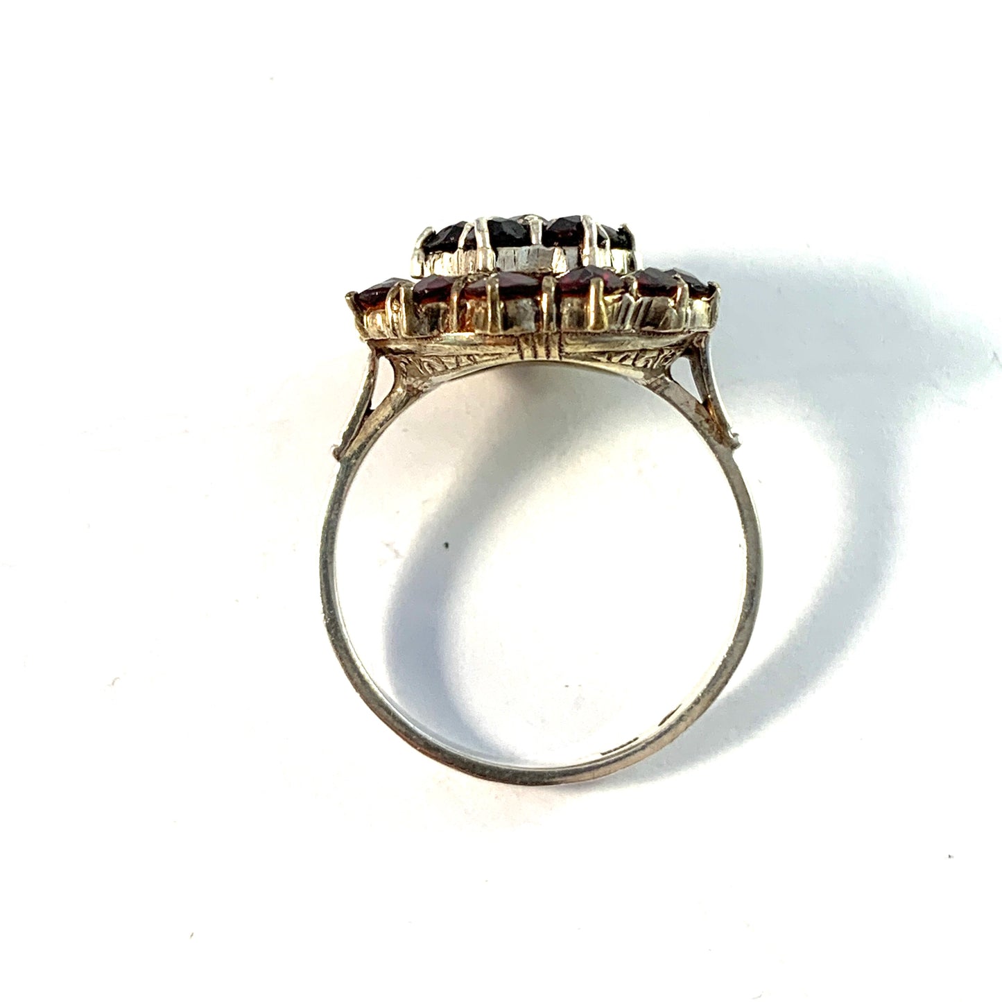 Germany Mid Century Solid Silver Bohemian Garnet Cluster Ring.