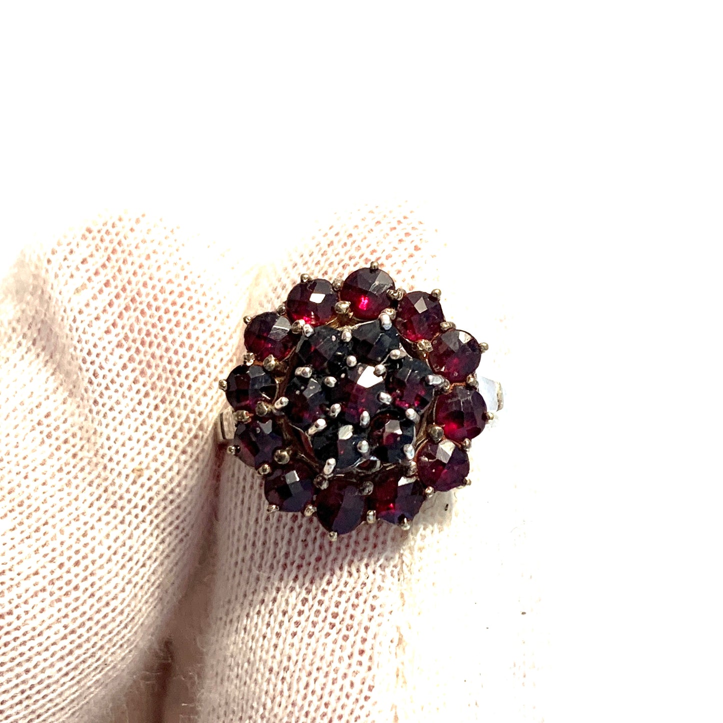 Germany Mid Century Solid Silver Bohemian Garnet Cluster Ring.