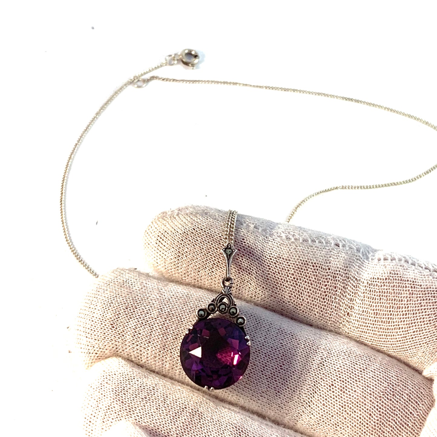 Swedish Import 1930-40s Solid 830 Silver Amethyst Marcasite Pendant Necklace.