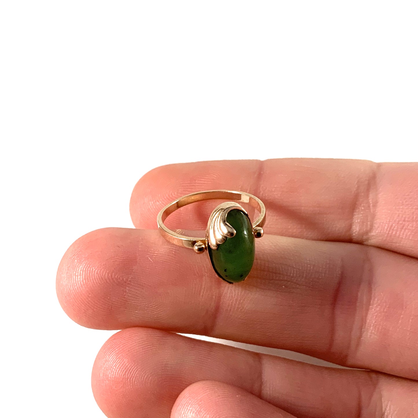 Russia, Soviet Era Mid Century 14k Gold Jade Ring.