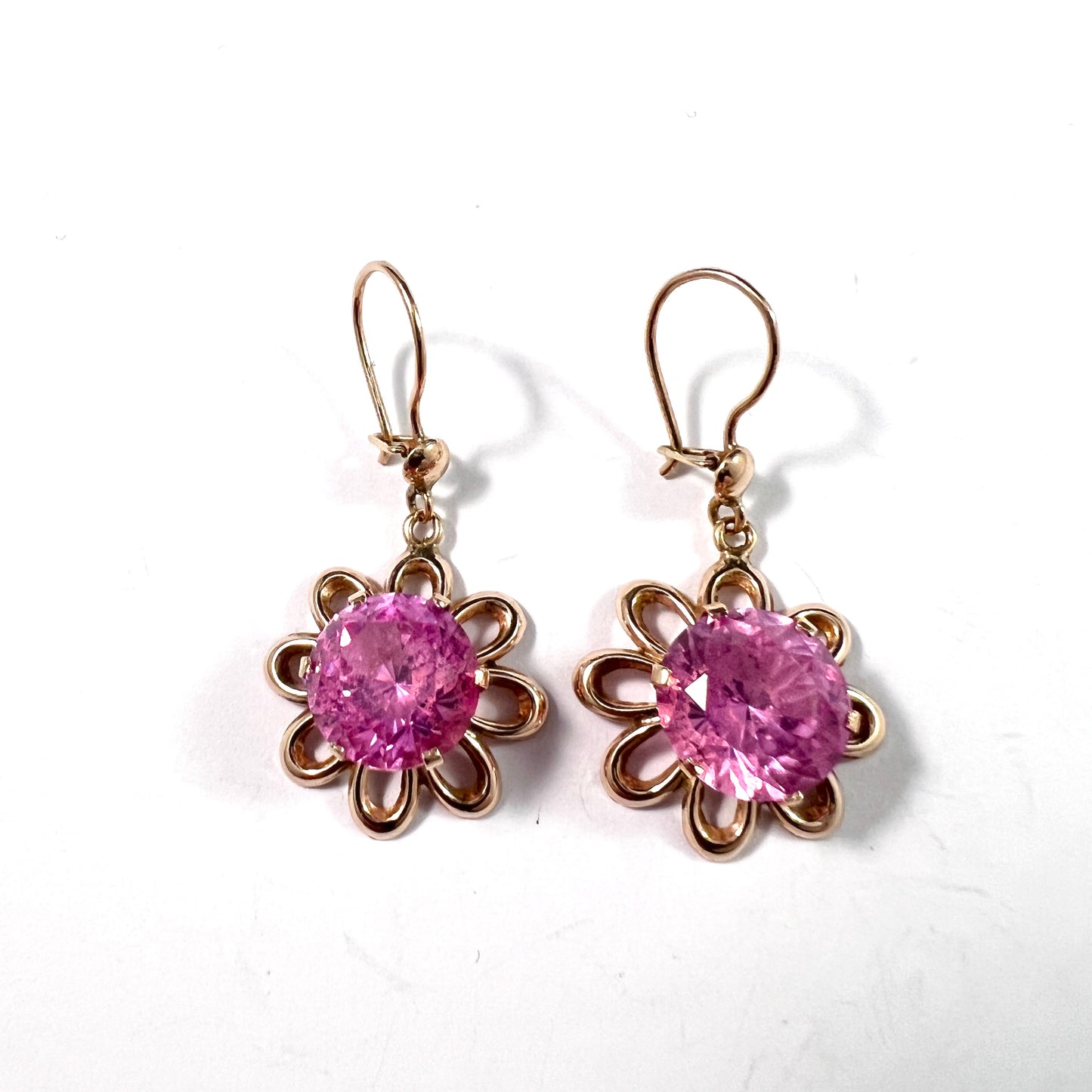 Finland 1960s. Vintage 14k Gold Synthetic Pink Sapphire Earrings.