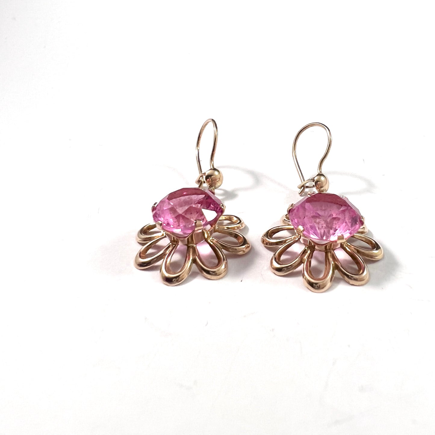 Finland 1960s. Vintage 14k Gold Synthetic Pink Sapphire Earrings.