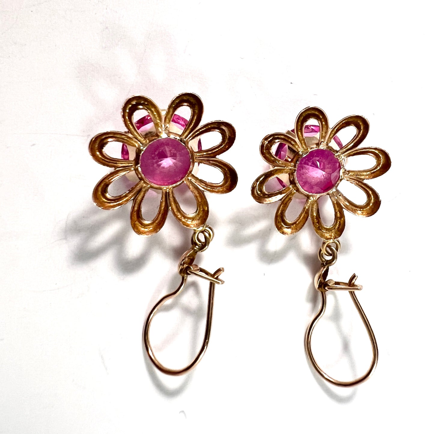 Finland 1960s. Vintage 14k Gold Synthetic Pink Sapphire Earrings.