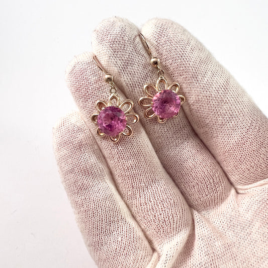 Finland 1960s. Vintage 14k Gold Synthetic Pink Sapphire Earrings.