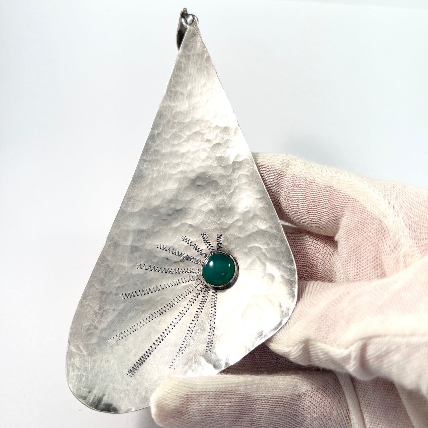 Scandinavia 1960s. Huge 6.3inch Sterling Silver Chrysoprase Pendant.