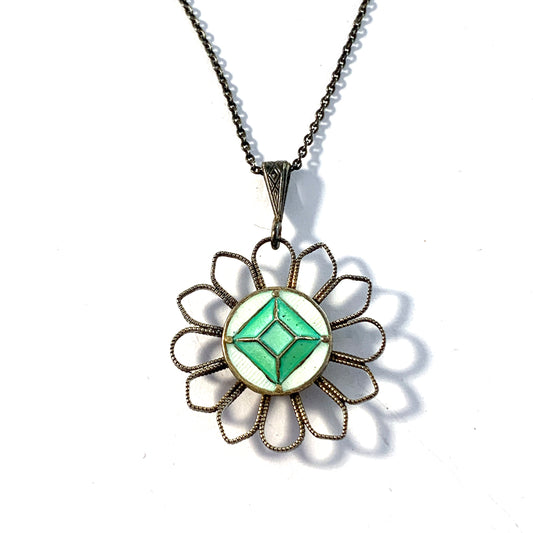 Aksel Holmsen Norway 1930s Art Deco Sterling Silver Enamel Pendant Necklace.