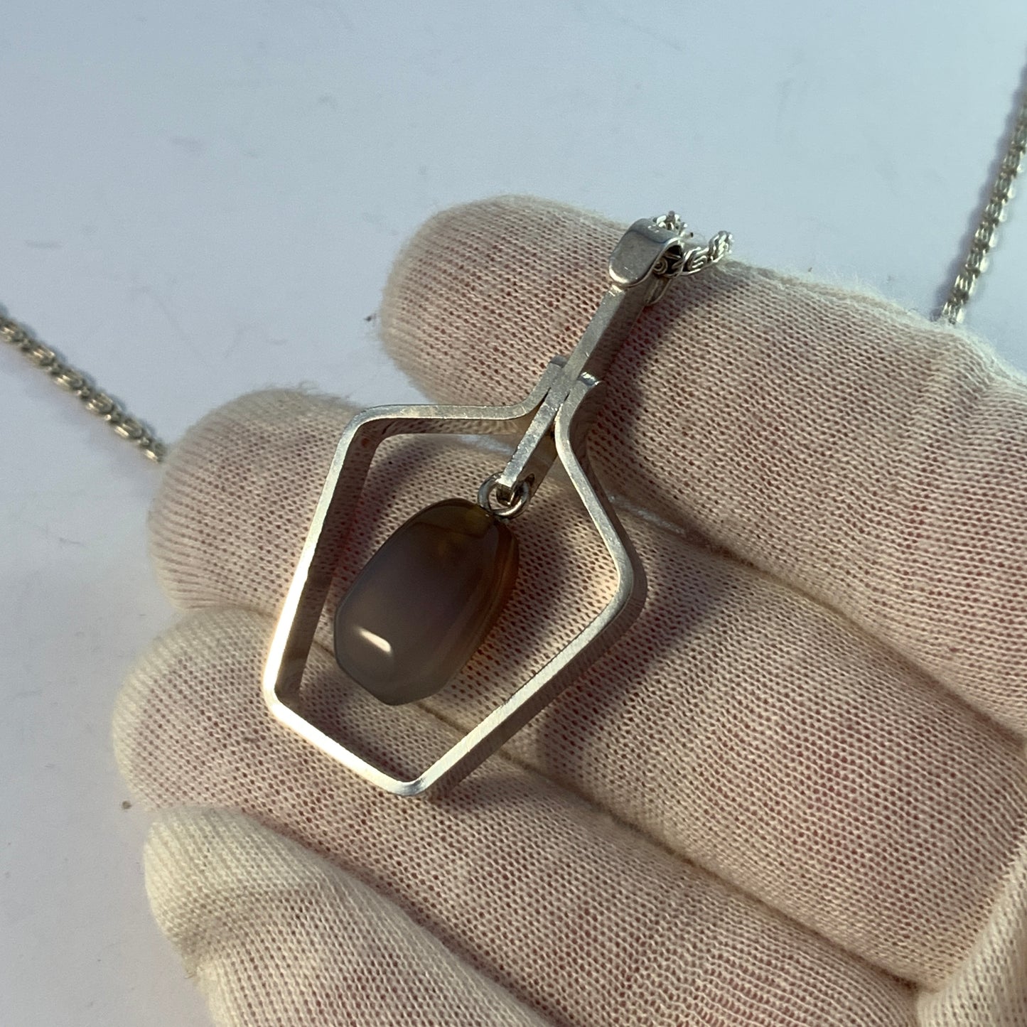 Hedbergs, Sweden year 1959. Solid Silver Chalcedony Pendant Necklace.