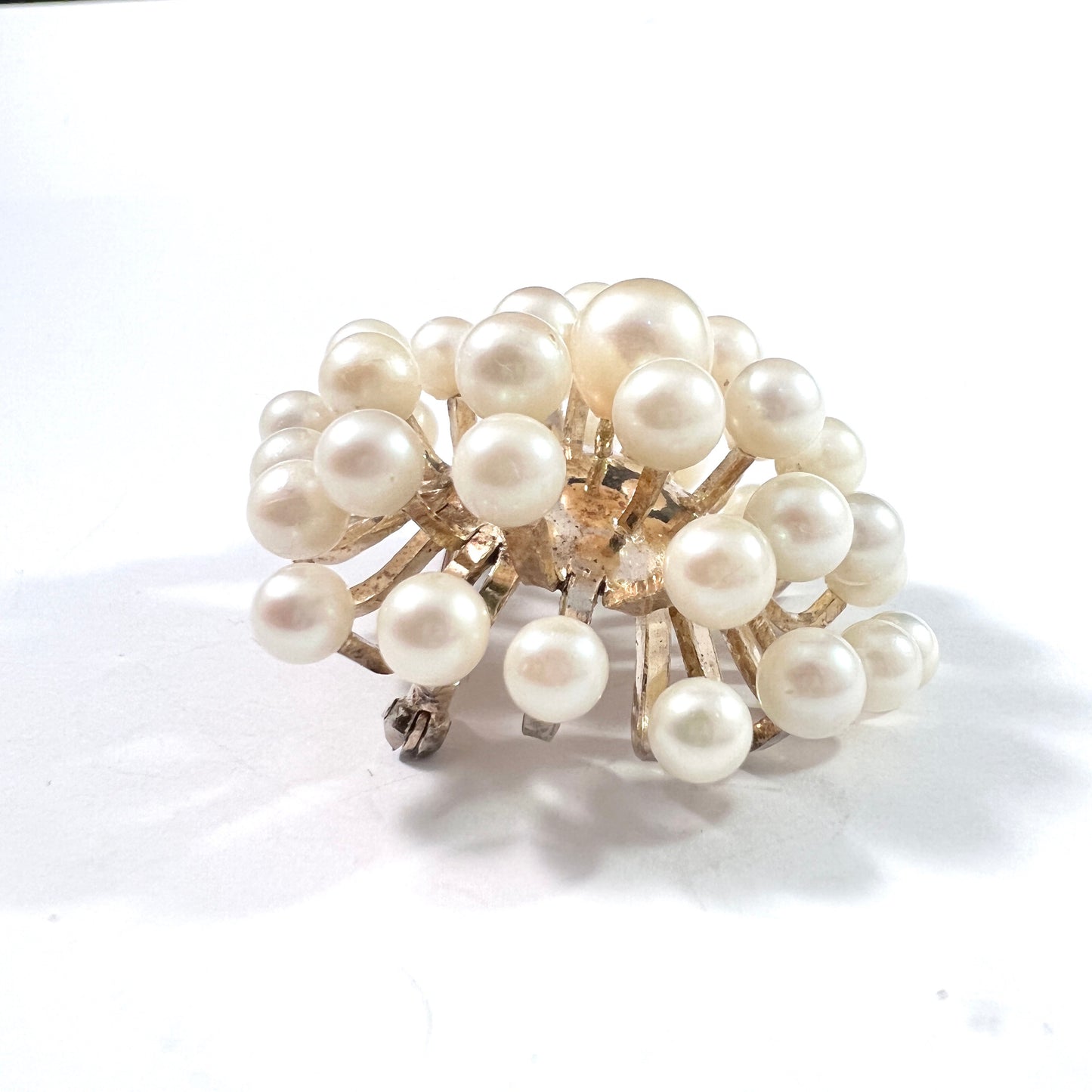 Vintage Atomic Era Sterling Silver Cultured Pearl Brooch. Prob Japan.