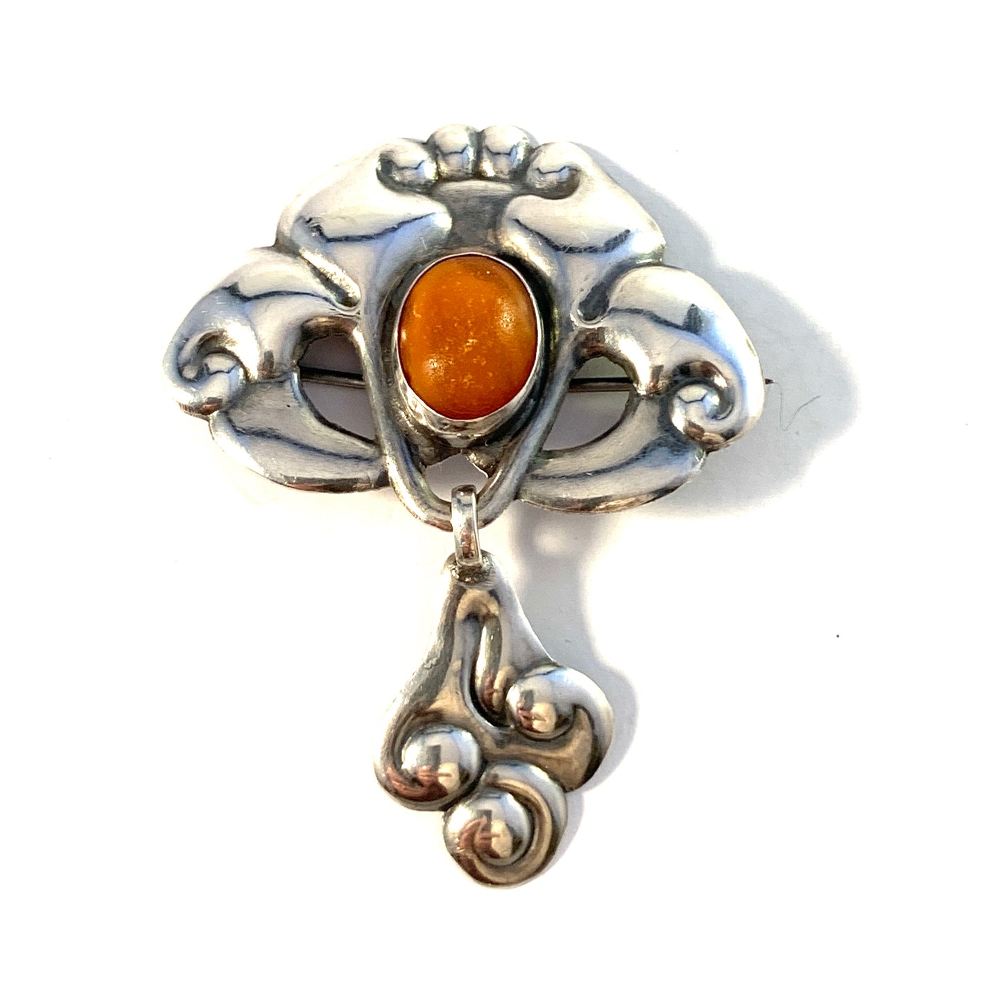 Hans Jensen & Co, Copenhagen 1899-1937, Solid Silver Art Nouveau Amber Brooch