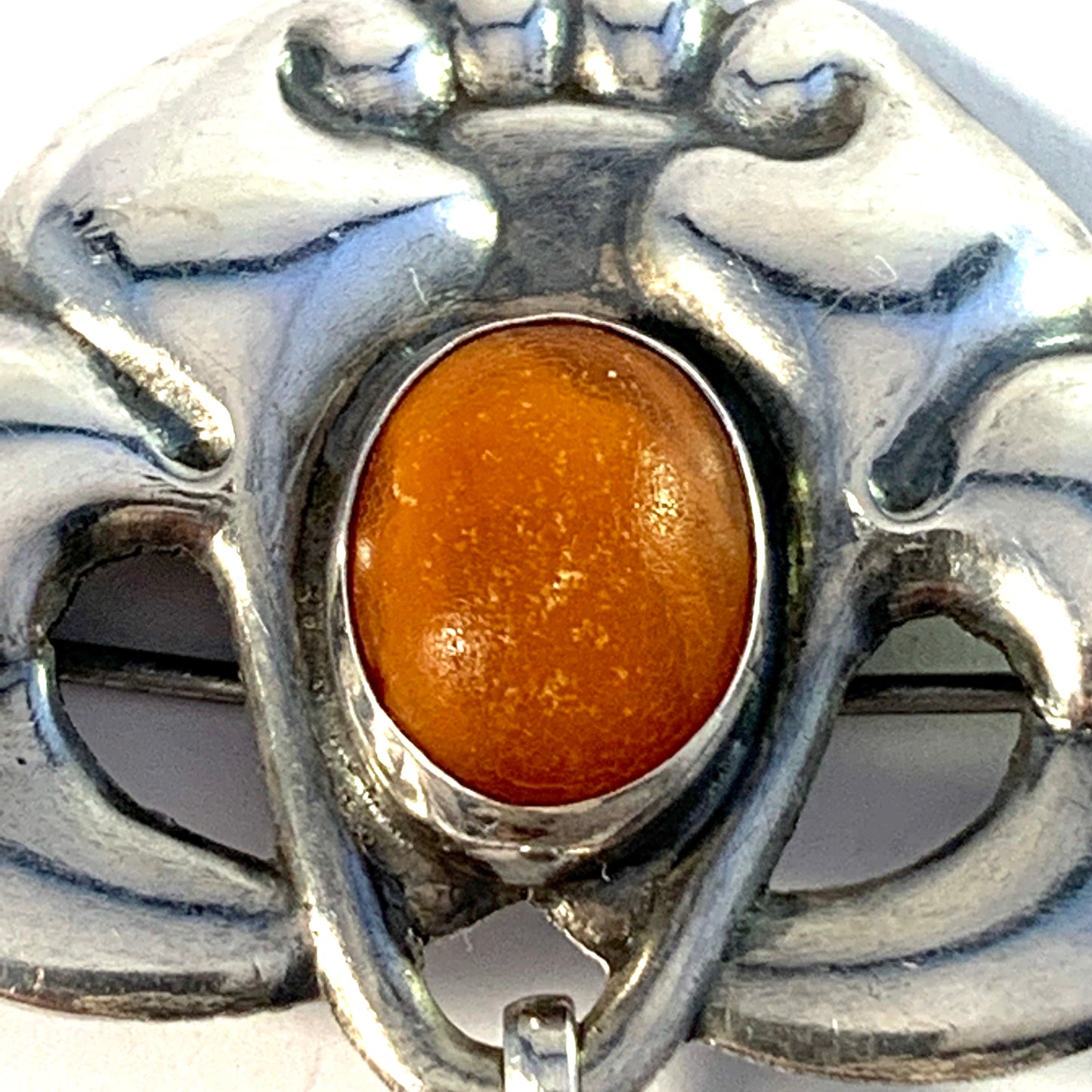 Hans Jensen & Co, Copenhagen 1899-1937, Solid Silver Art Nouveau Amber Brooch