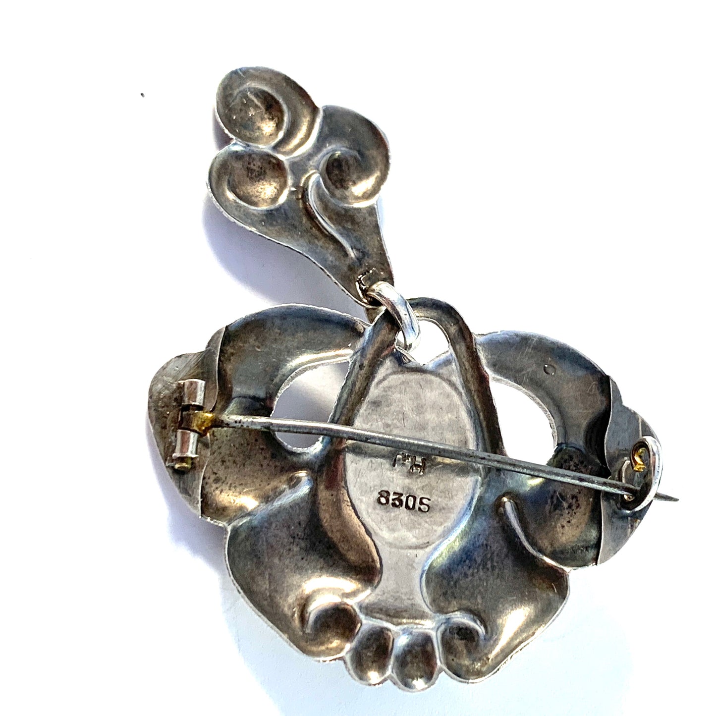 Hans Jensen & Co, Copenhagen 1899-1937, Solid Silver Art Nouveau Amber Brooch