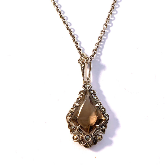 Sweden 1948. Mid Century Sterling Silver Smoky Quartz Marcasite Pendant Necklace.