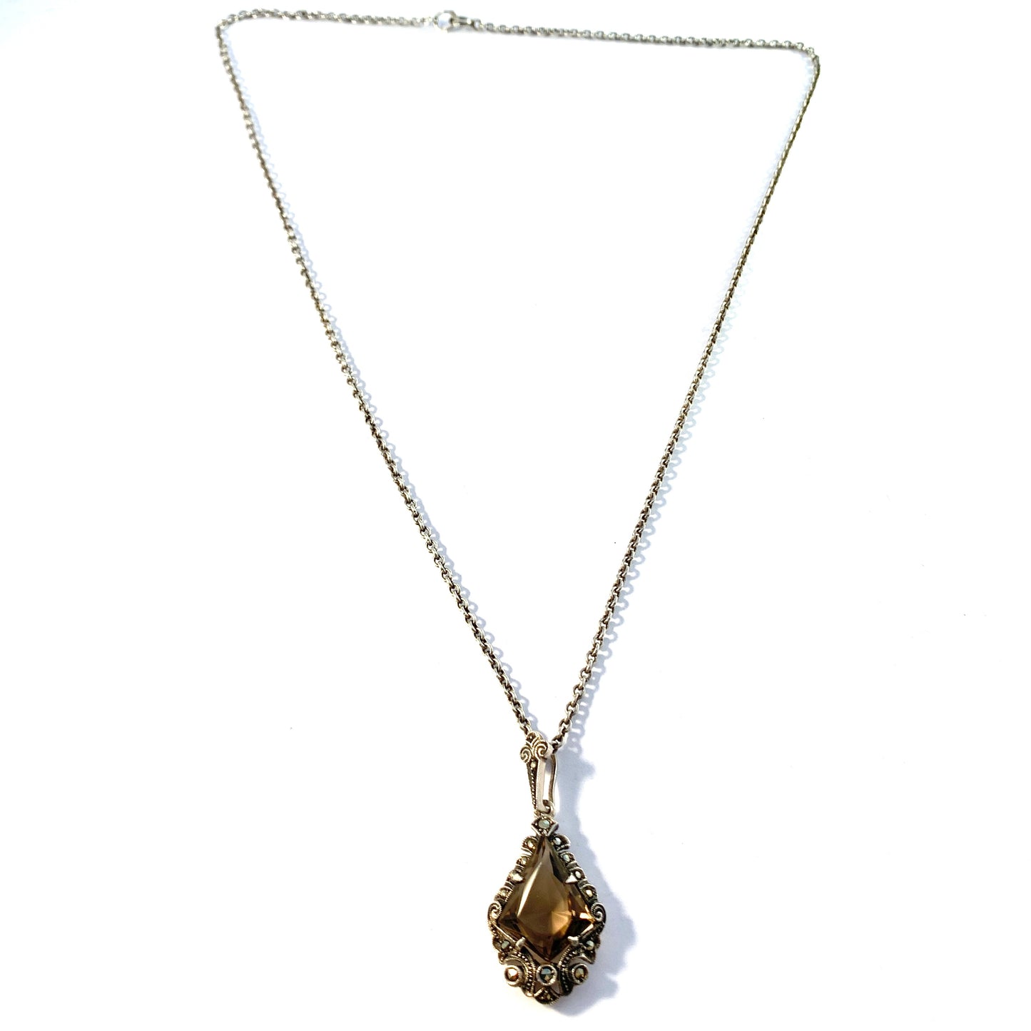 Sweden 1948. Mid Century Sterling Silver Smoky Quartz Marcasite Pendant Necklace.