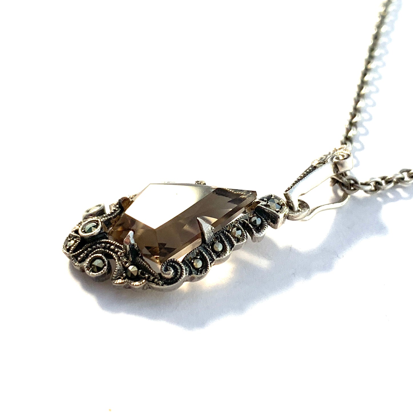 Sweden 1948. Mid Century Sterling Silver Smoky Quartz Marcasite Pendant Necklace.