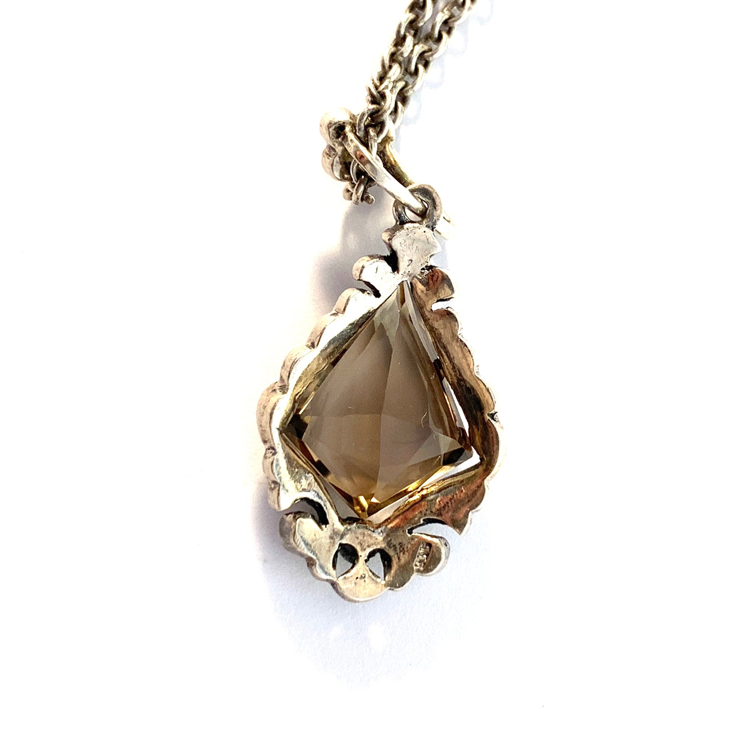 Sweden 1948. Mid Century Sterling Silver Smoky Quartz Marcasite Pendant Necklace.