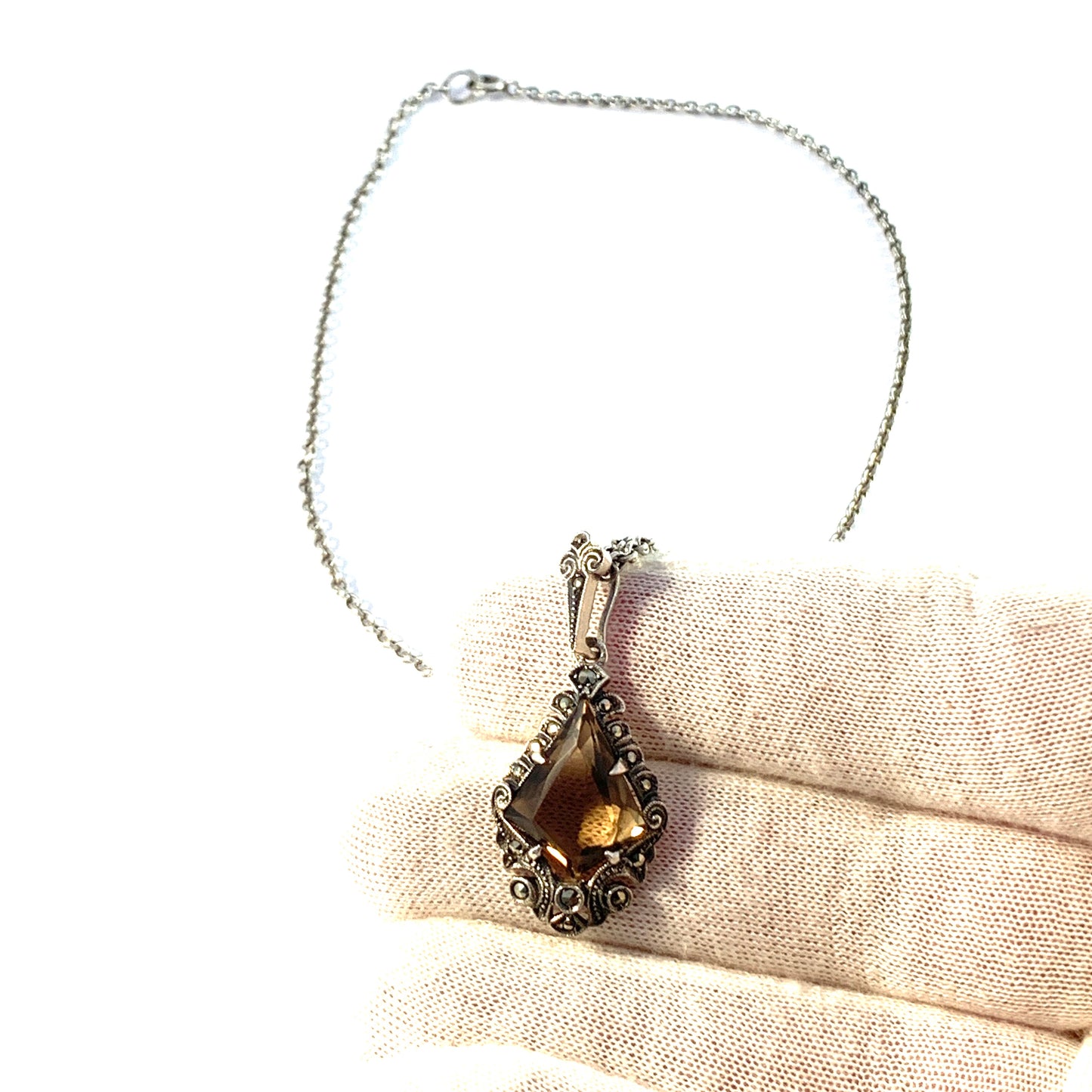 Sweden 1948. Mid Century Sterling Silver Smoky Quartz Marcasite Pendant Necklace.