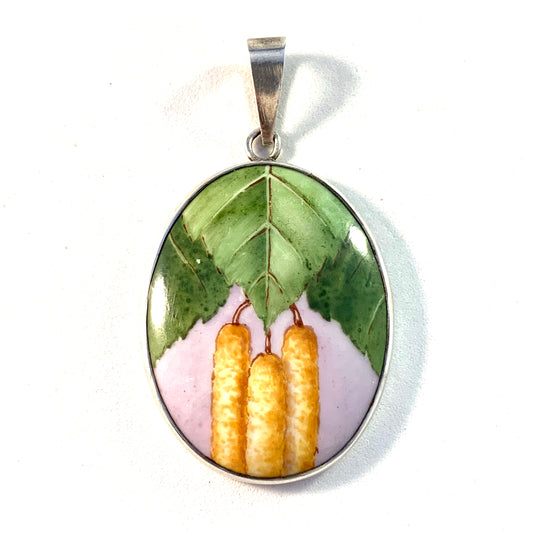 Gunnar Svensson, Sweden 1920. Antique Solid Silver Painted Porcelain Pendant.