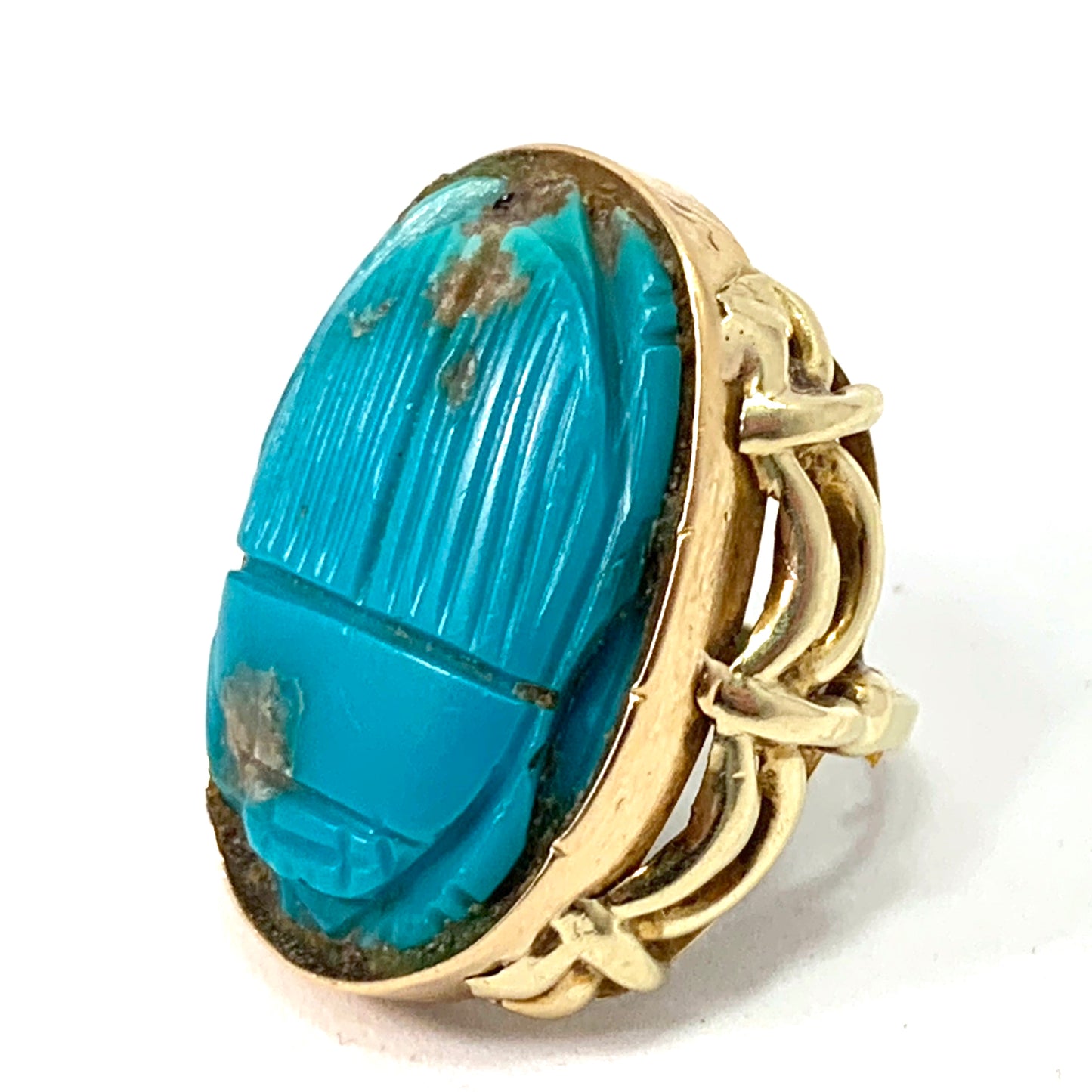 Egypt c 1940s Large 14k Gold Turquoise Scarab Ring.