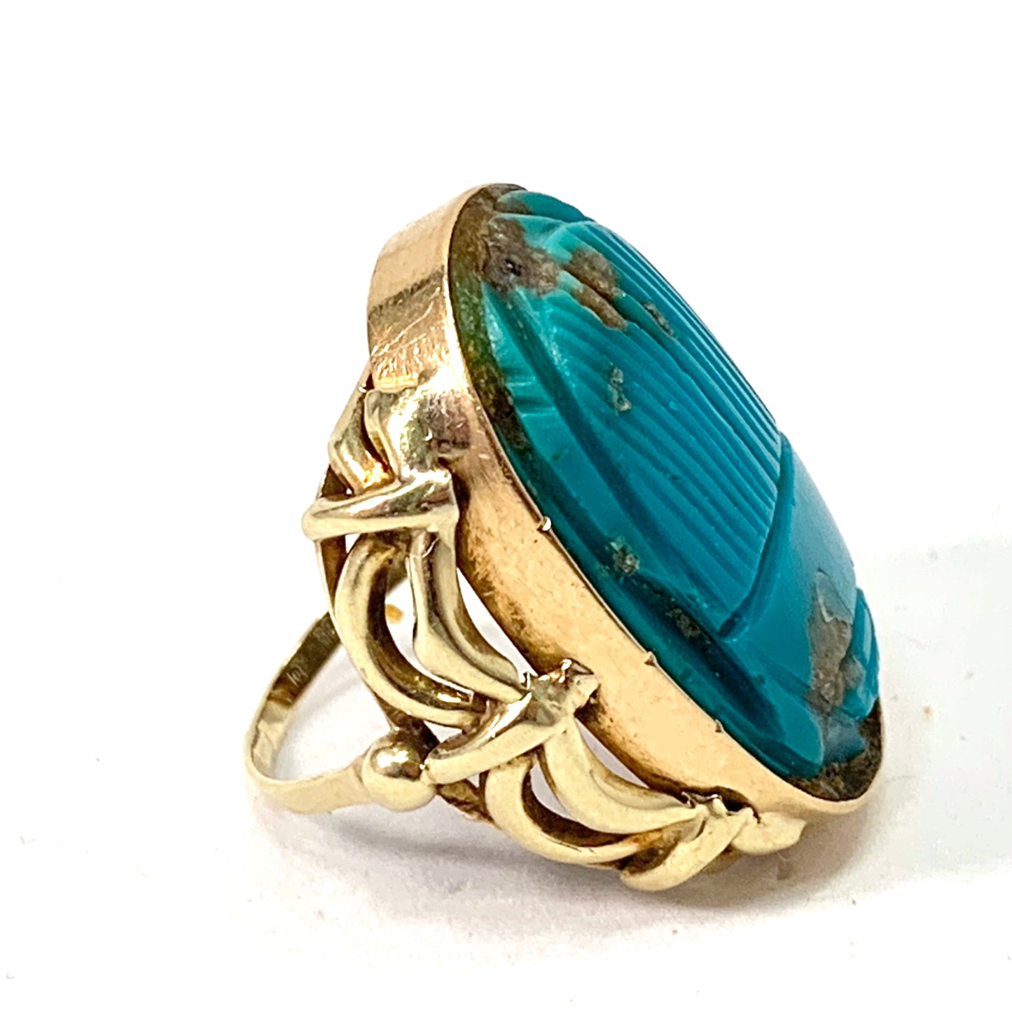 Egypt c 1940s Large 14k Gold Turquoise Scarab Ring.