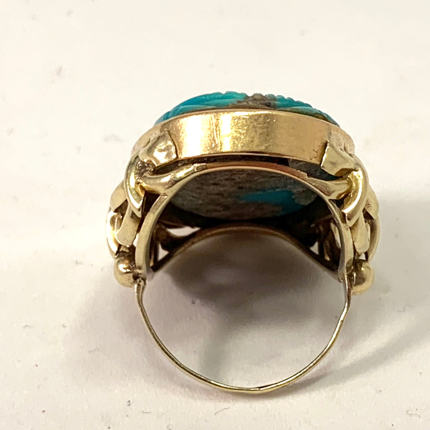 Egypt c 1940s Large 14k Gold Turquoise Scarab Ring.