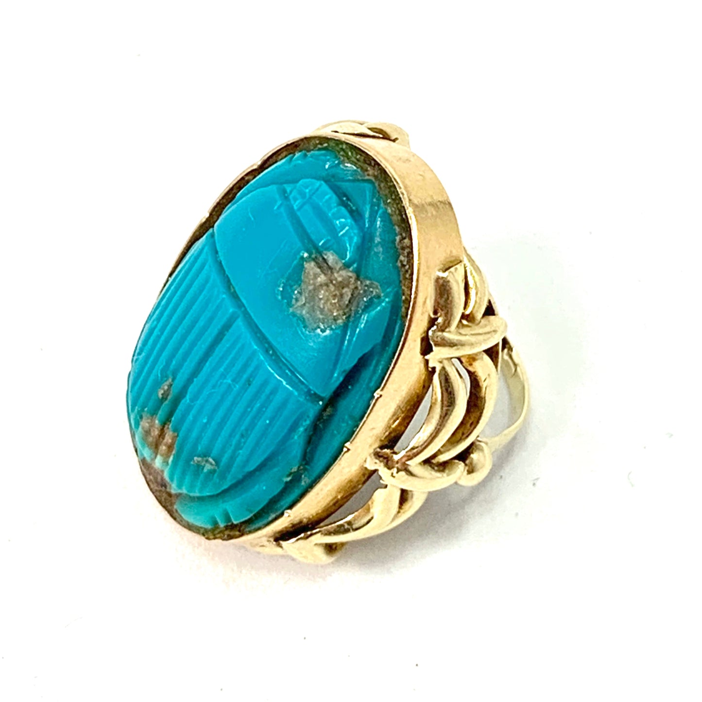 Egypt c 1940s Large 14k Gold Turquoise Scarab Ring.