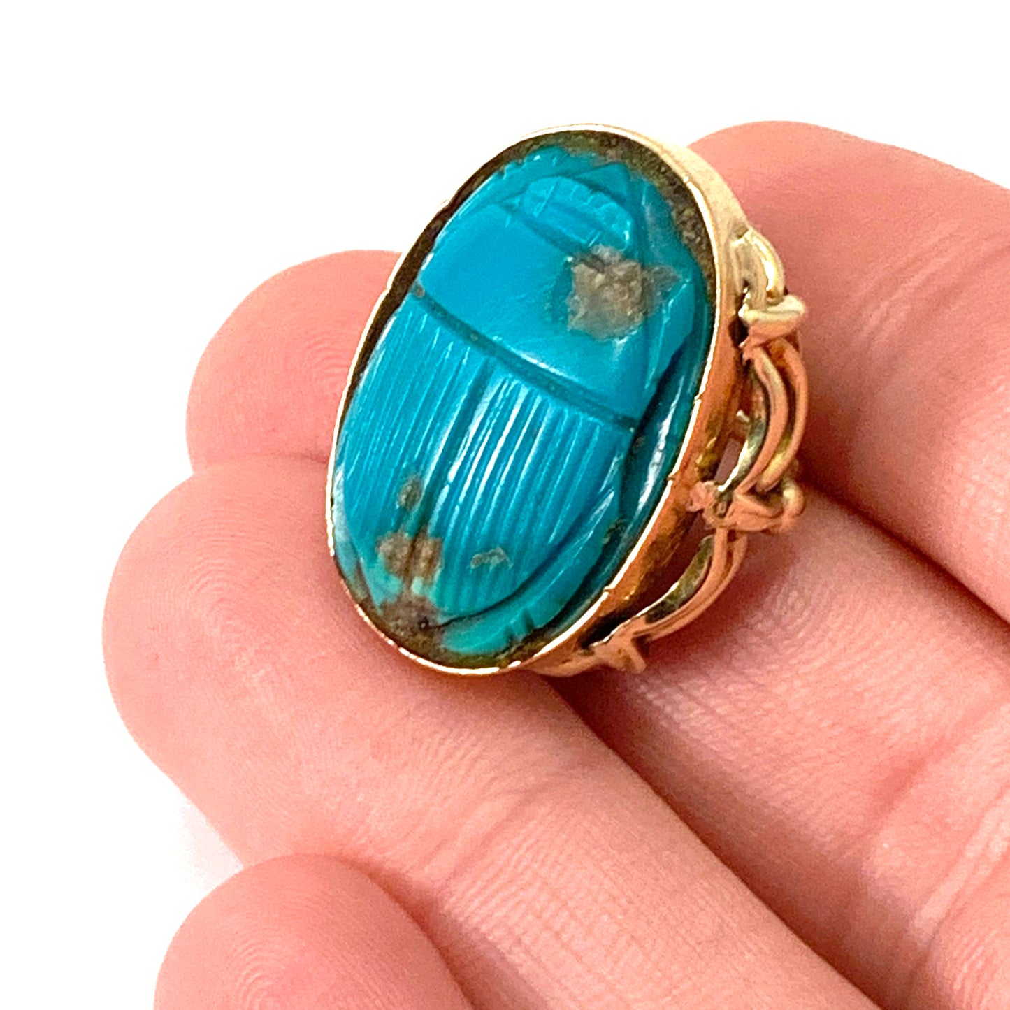 Egypt c 1940s Large 14k Gold Turquoise Scarab Ring.