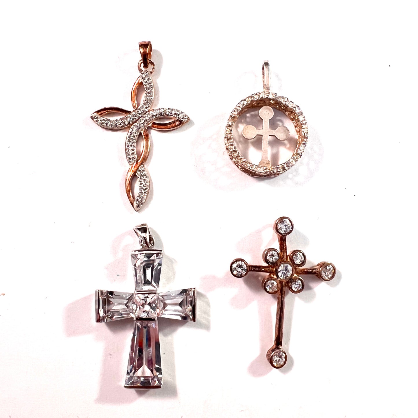 Denmark, Finland and Sweden. 4 Vintage Solid Silver Quartz CZ Cross Pendants.