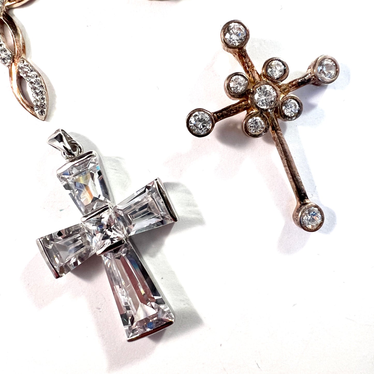 Denmark, Finland and Sweden. 4 Vintage Solid Silver Quartz CZ Cross Pendants.