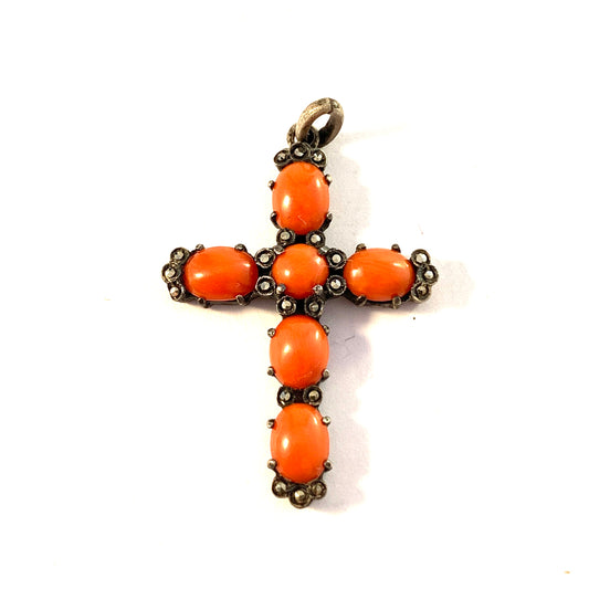 Germany / Austria 1930-40s Sterling 935 Silver Coral Marcasite Cross Pendant.