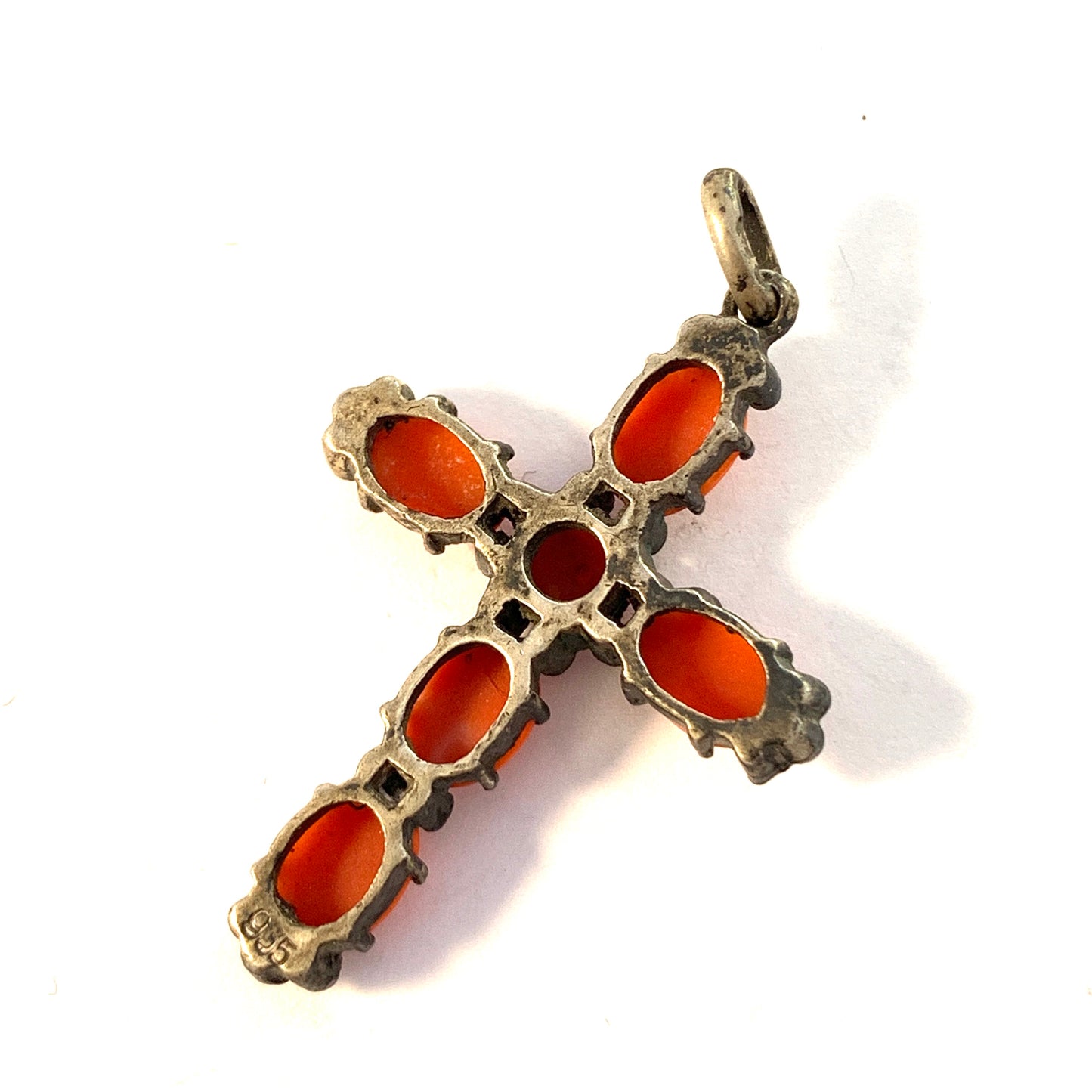 Germany / Austria 1930-40s Sterling 935 Silver Coral Marcasite Cross Pendant.