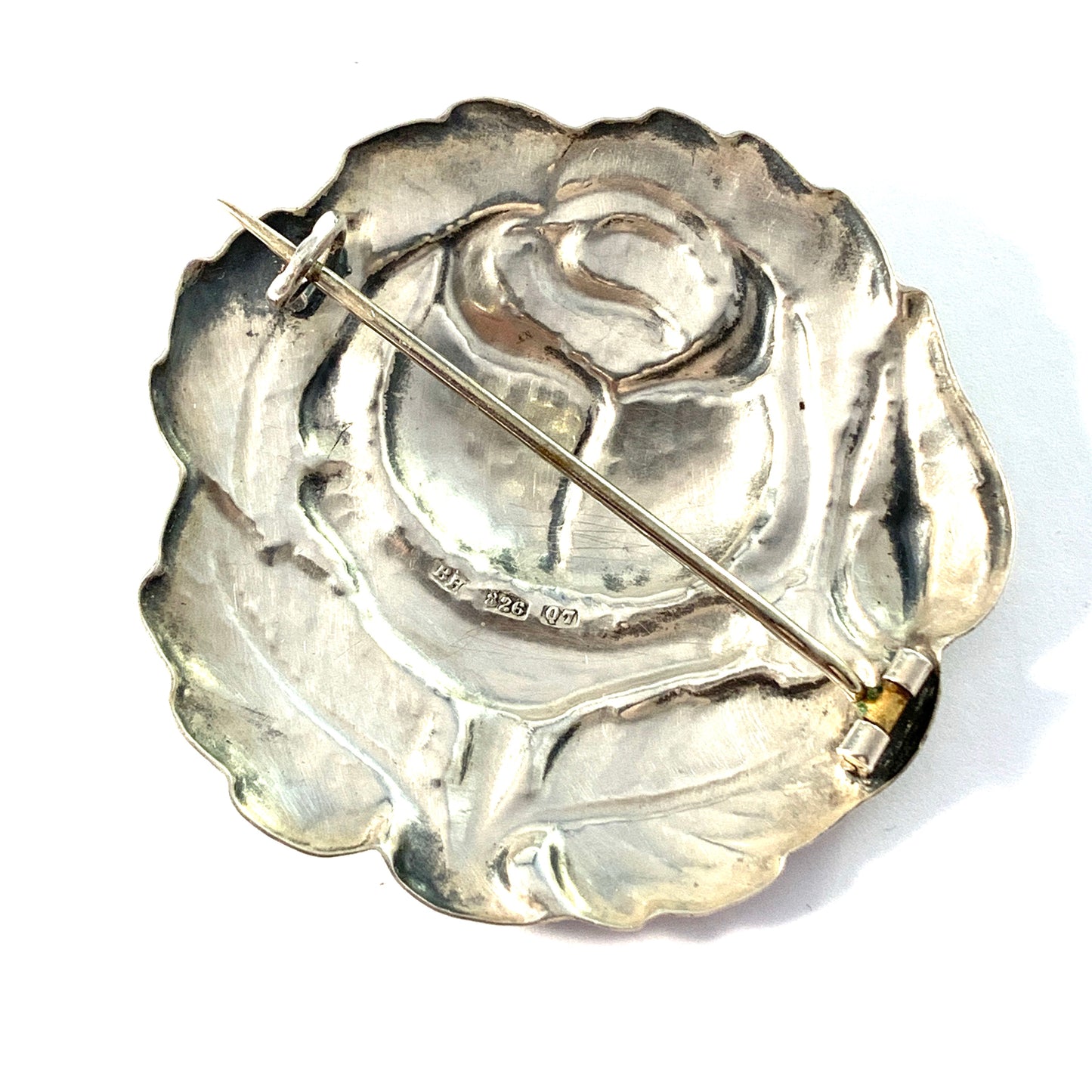 Bernhard Hertz, Copenhagen 1918. Antique Solid Silver Rose Flower Brooch.