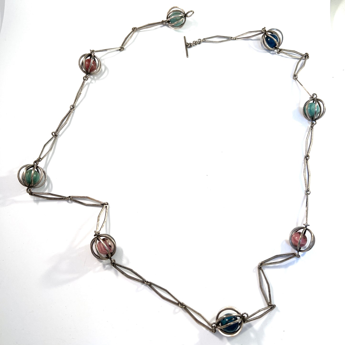 Sweden 1970s. Bold Sterling Silver Caged Hardstone 34inch Necklace.