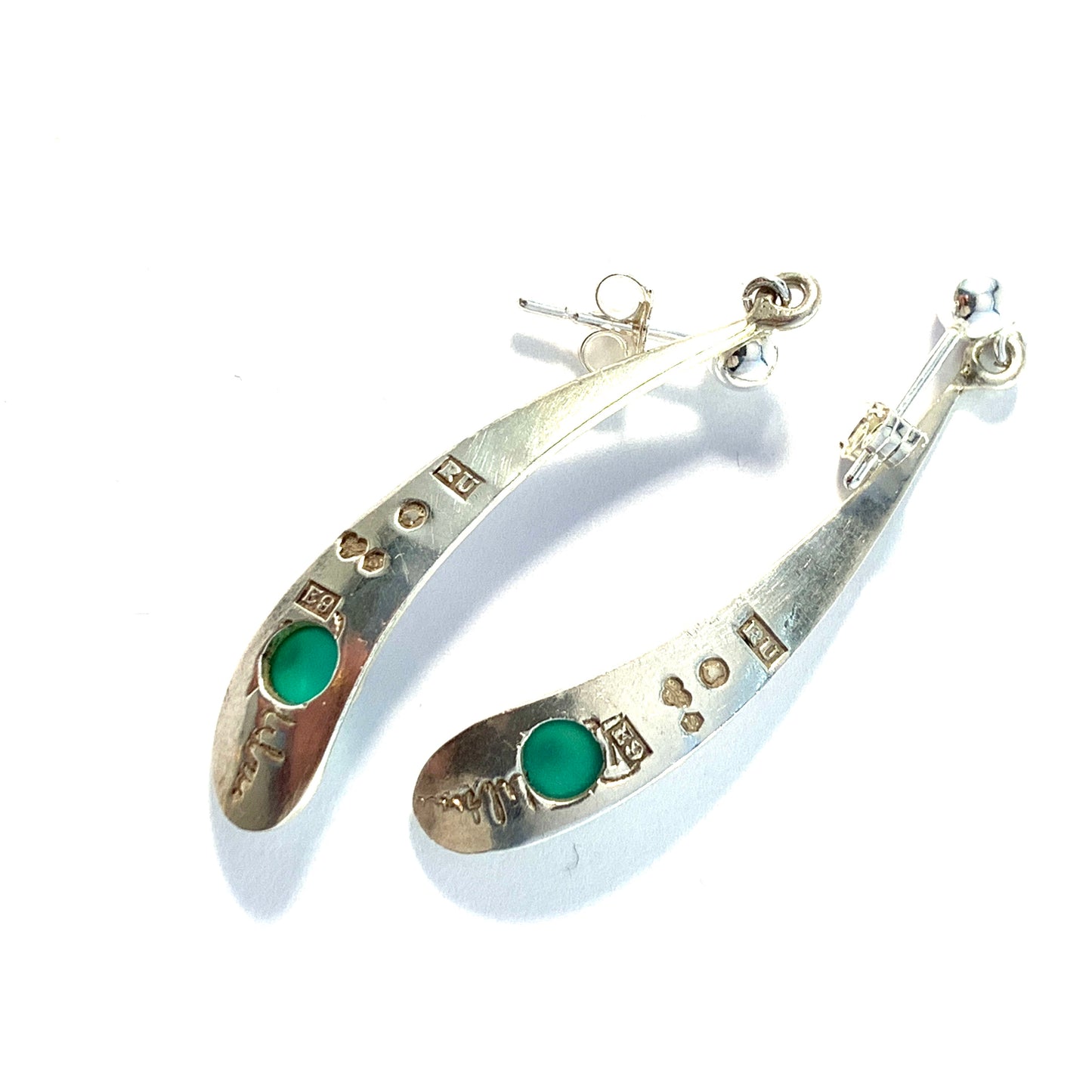 Rey Urban, Sweden 1955. Mid Century Modern Sterling Silver Chrysoprase Earrings. Signed.