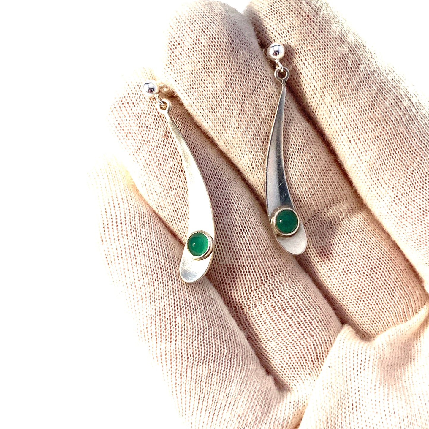 Rey Urban, Sweden 1955. Mid Century Modern Sterling Silver Chrysoprase Earrings. Signed.