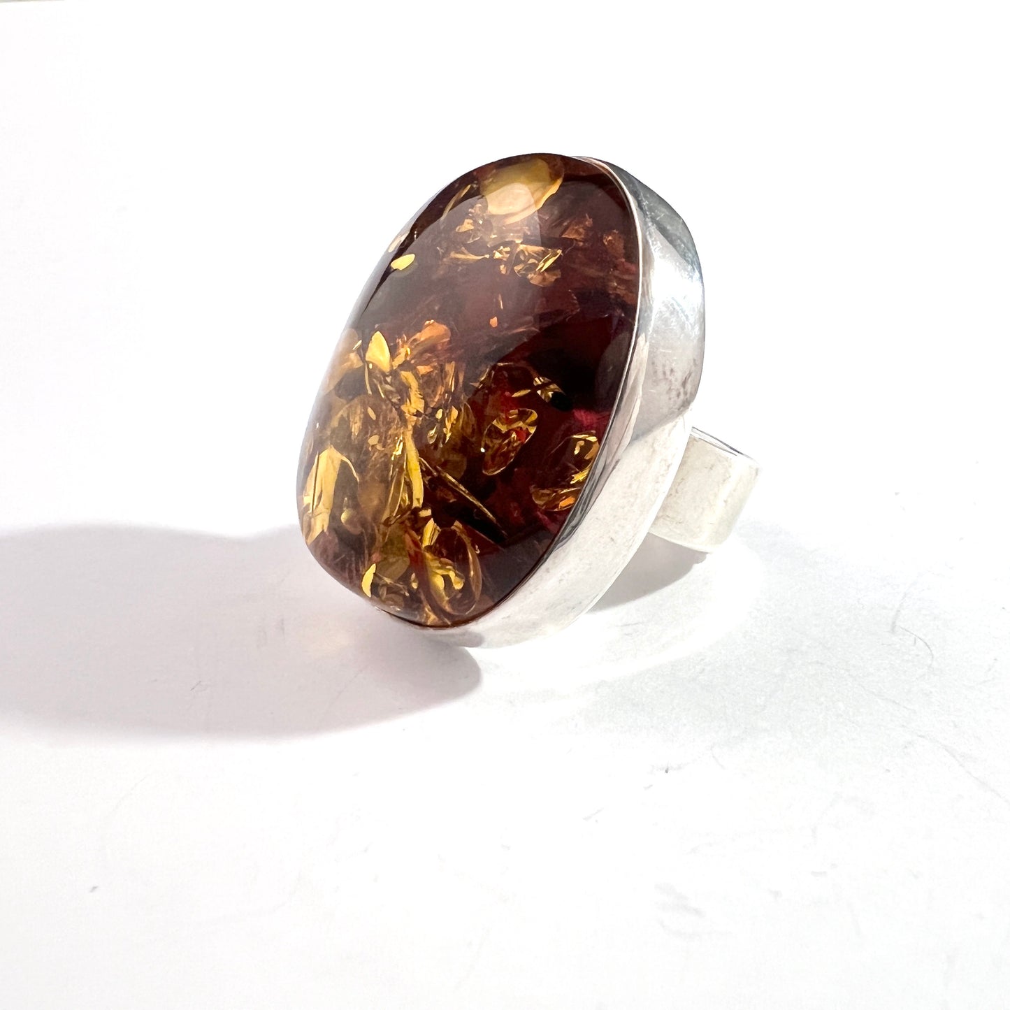 Maker JAM. Vintage Sterling Silver Huge Amber Ring.