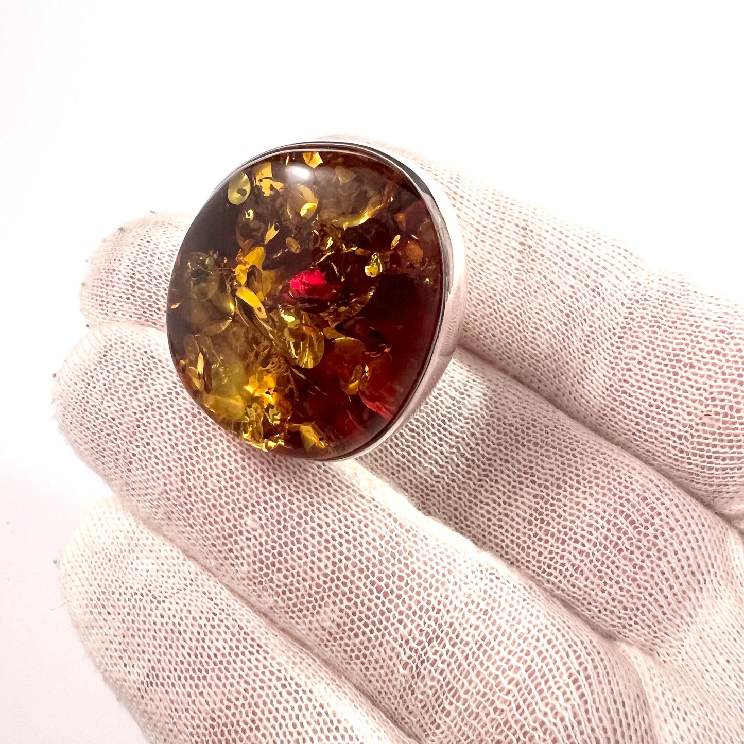 Maker JAM. Vintage Sterling Silver Huge Amber Ring.