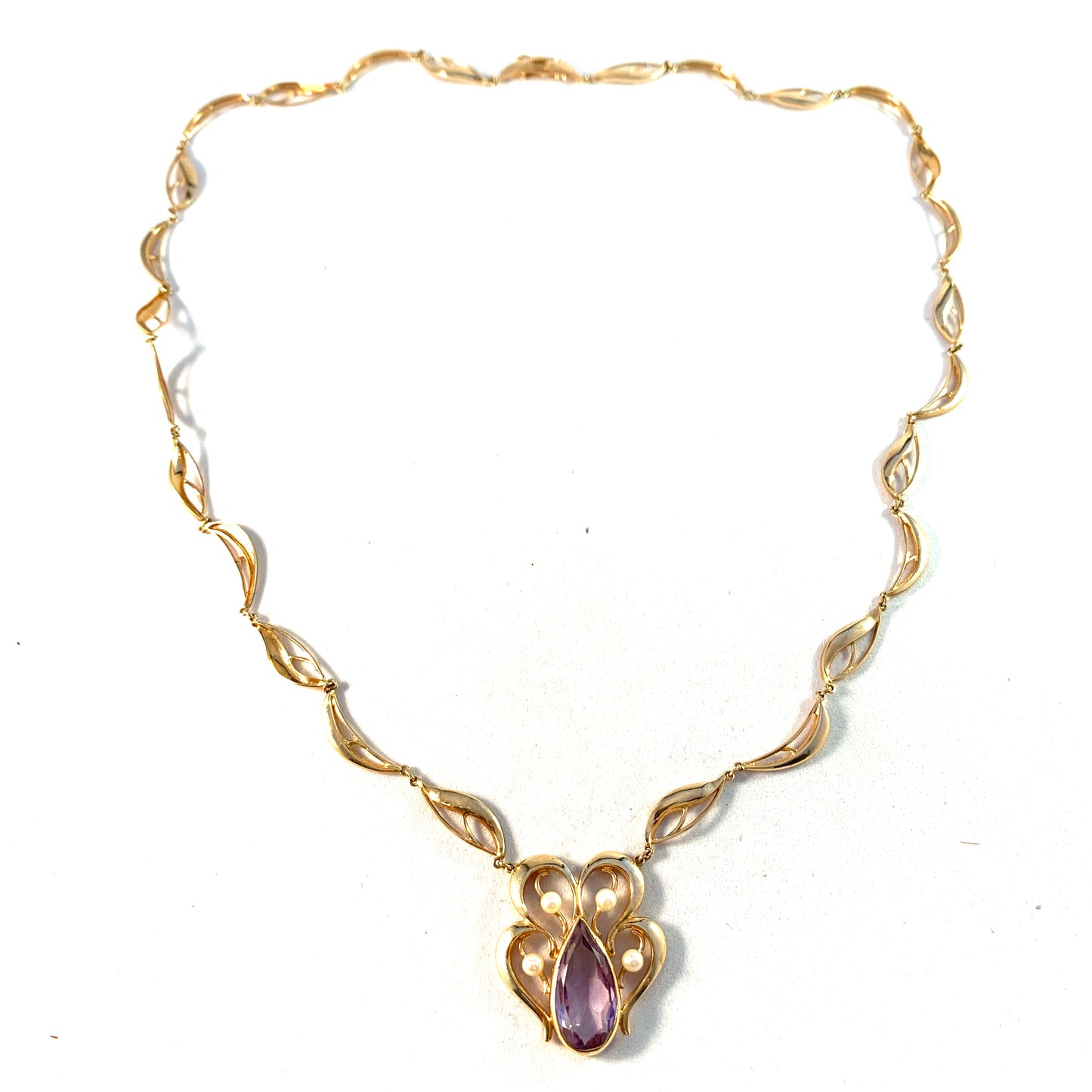 Thure Nilsson, Sweden 1958 Mid Century 18k Gold Amethyst Cultured Pearl Necklace.