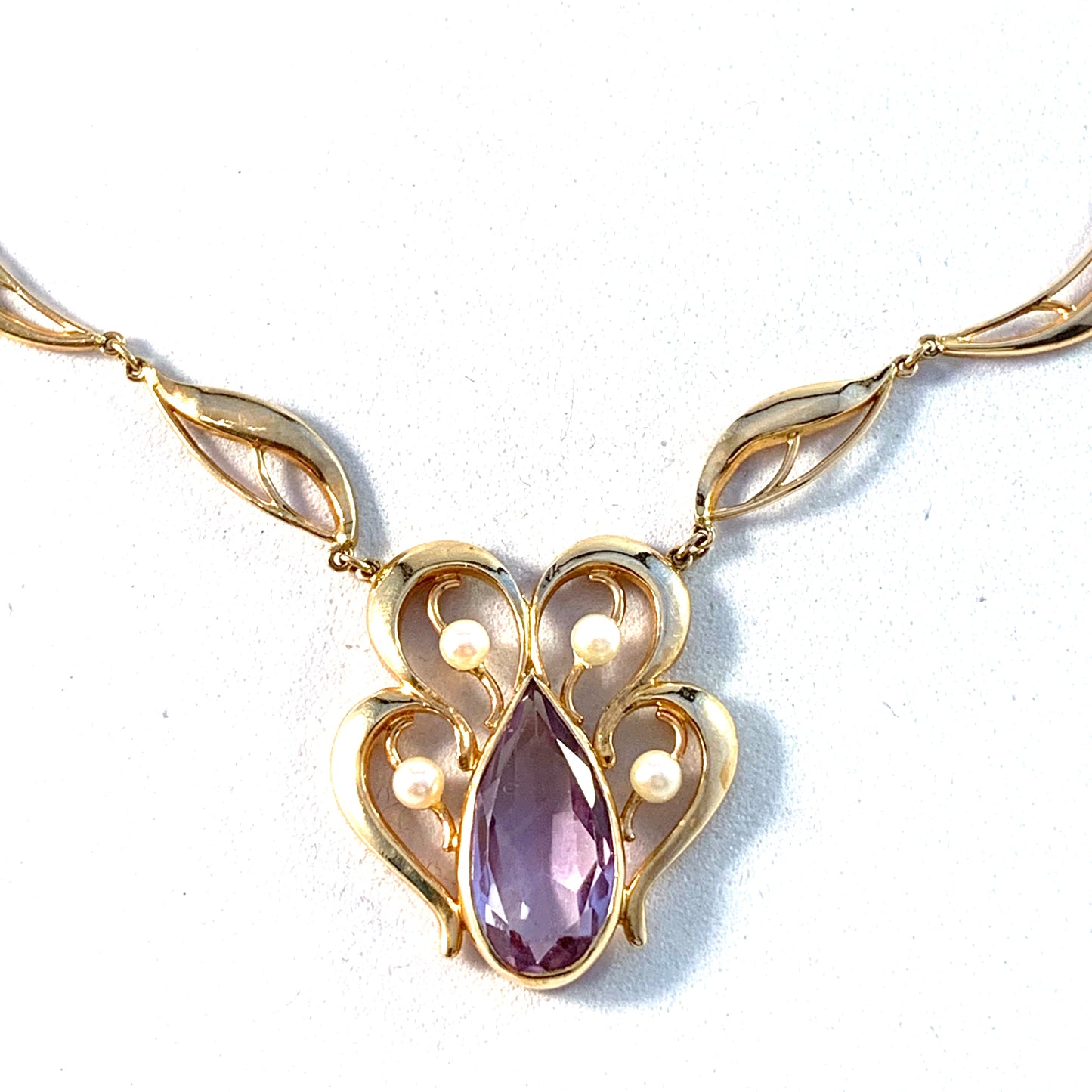 Thure Nilsson, Sweden 1958 Mid Century 18k Gold Amethyst Cultured Pearl Necklace.