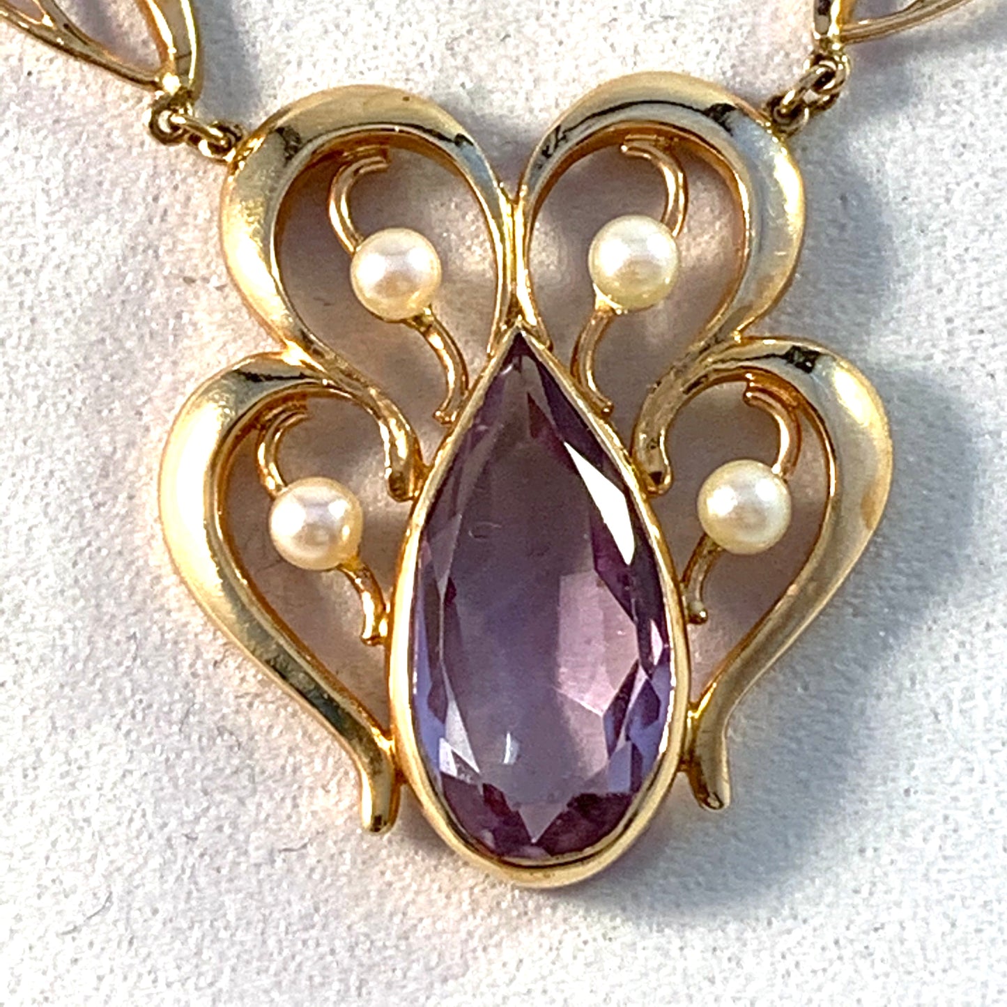 Thure Nilsson, Sweden 1958 Mid Century 18k Gold Amethyst Cultured Pearl Necklace.