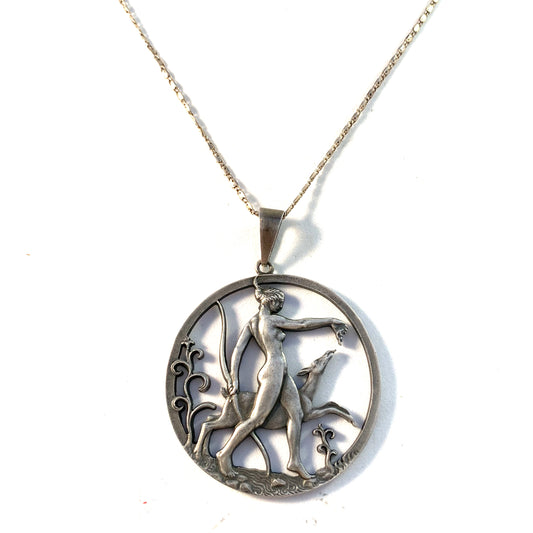 Tore Strindberg for Sporrong, Sweden 1940s Solid Silver Goddess Diana Pendant Necklace.