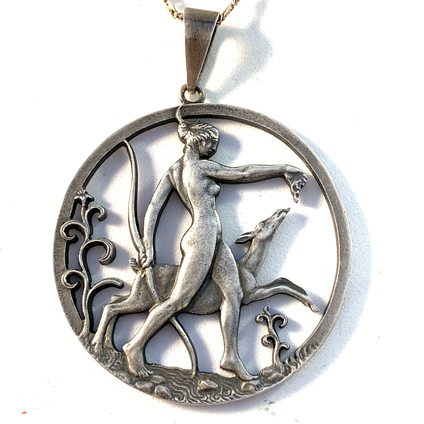 Tore Strindberg for Sporrong, Sweden 1940s Solid Silver Goddess Diana Pendant Necklace.