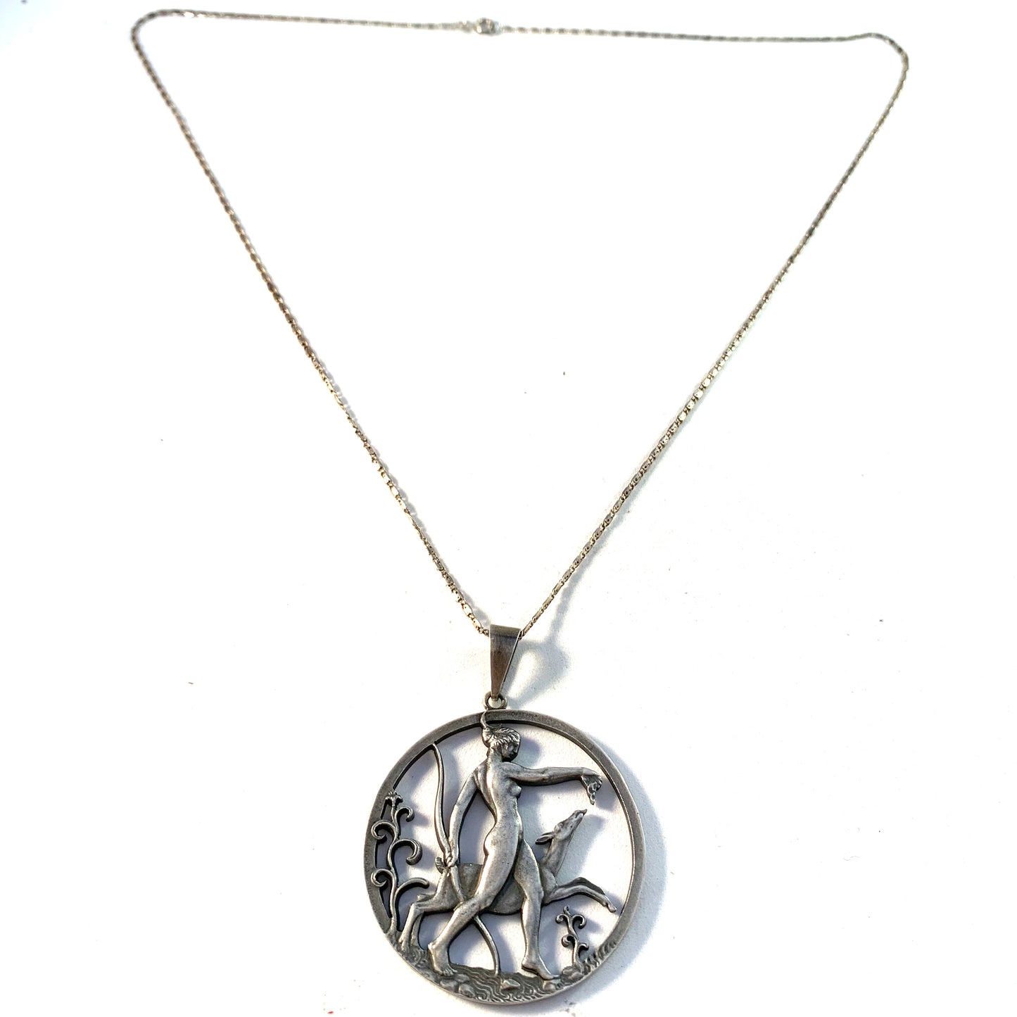 Tore Strindberg for Sporrong, Sweden 1940s Solid Silver Goddess Diana Pendant Necklace.