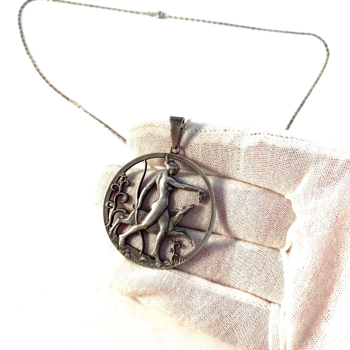 Tore Strindberg for Sporrong, Sweden 1940s Solid Silver Goddess Diana Pendant Necklace.